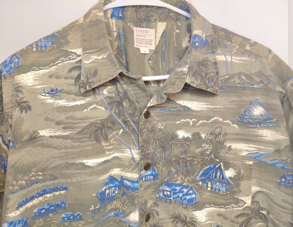 J.Crew Mens Large Hawaiian Camp Shirt Green Tropical Palm Trees Cotton Vintage
